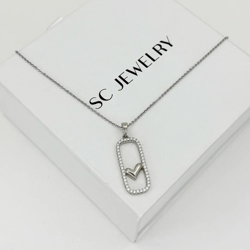 Dainty Platinum Plated Geometric Rectangle Frame Heart Pendant Necklace